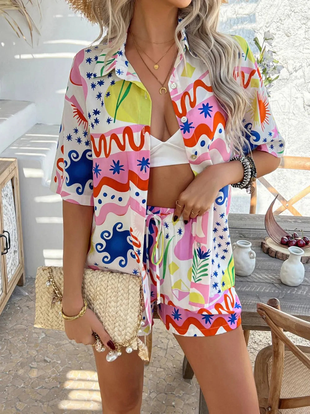 Printed Button Down Shirt Shorts Set (20)
