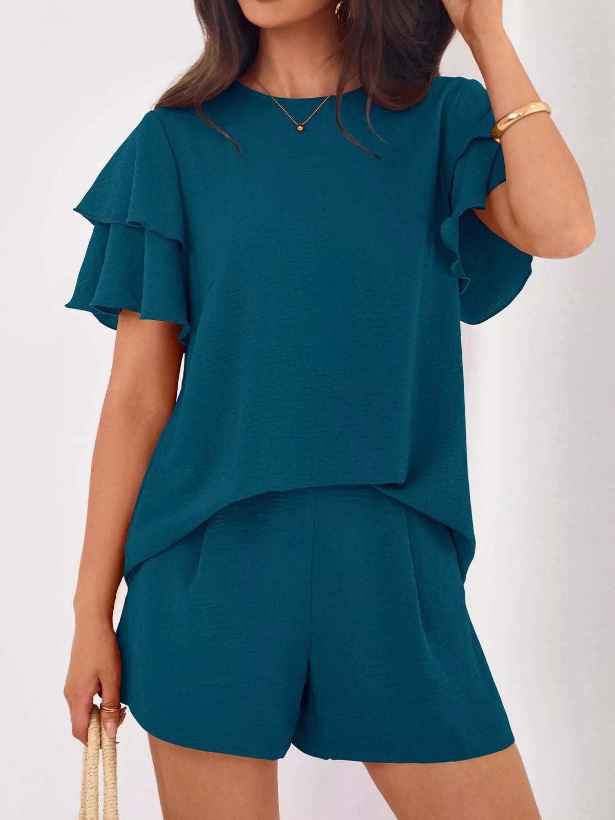 Ruffle Sleeve Top Shorts Two-piece Set (11)