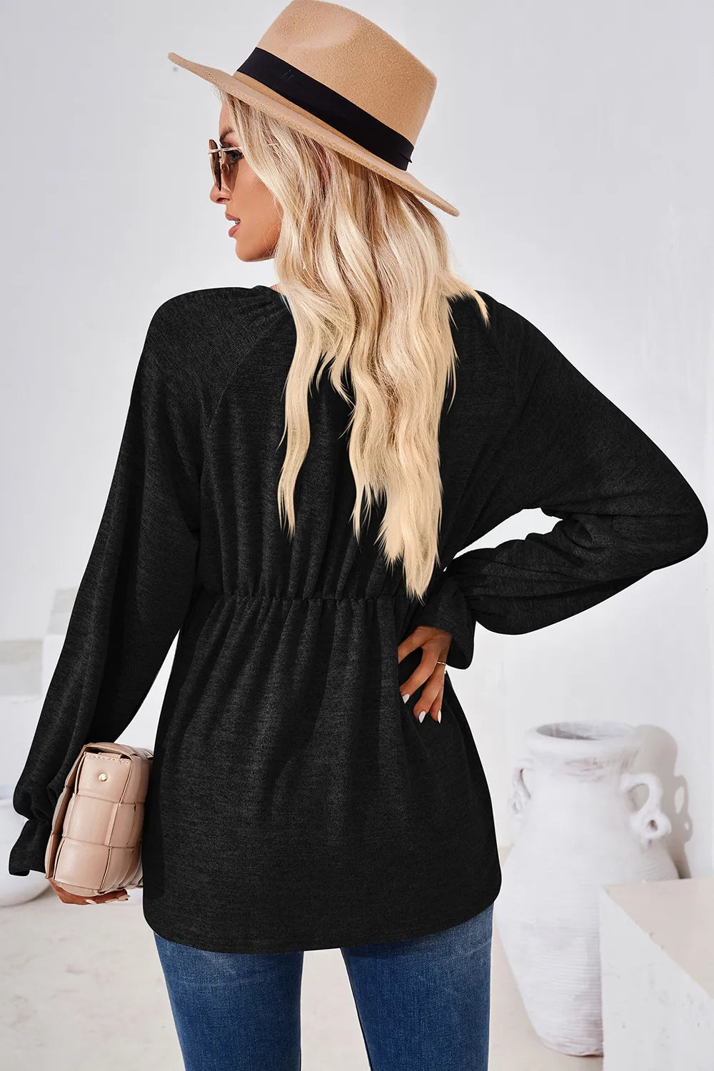 Ruched Round Neck Flounce Sleeve Blouse (2)