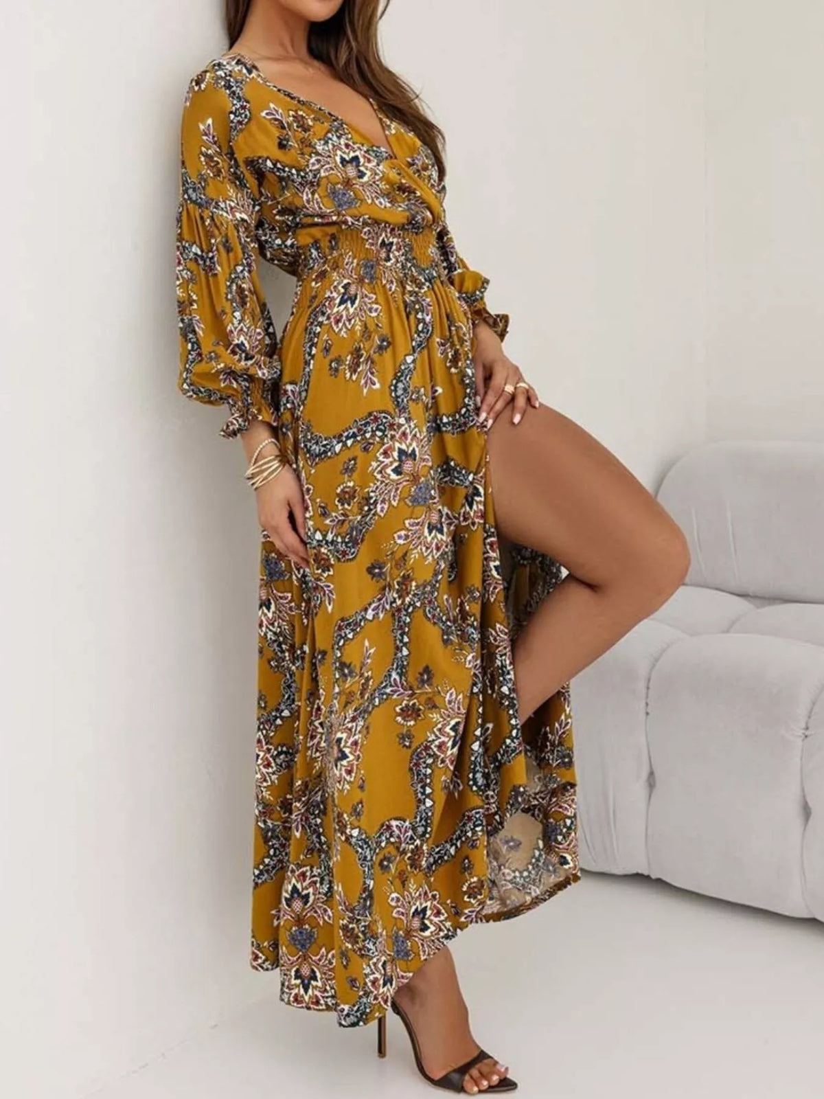 Bohemian Printed Maxi Dress Plunging Neckline (13)