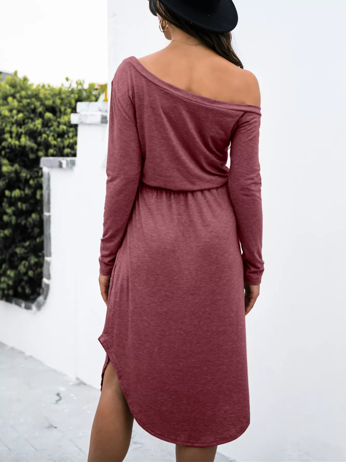 One-shoulder Long Sleeve Midi Dress Drawstring Waist (17)
