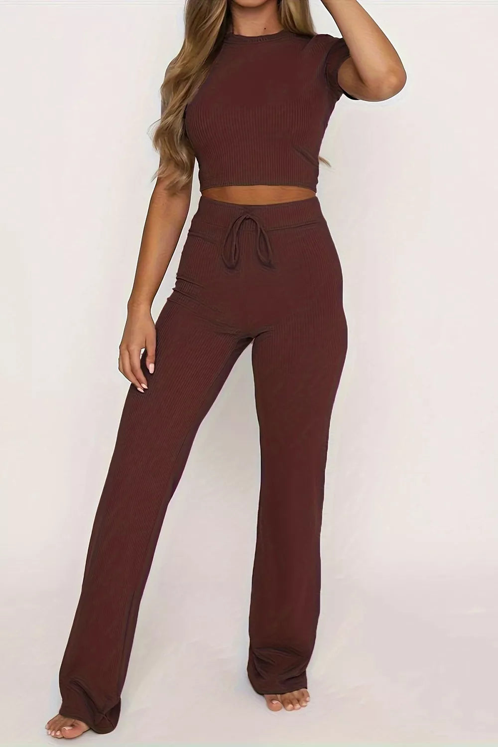 Round Neck Short Sleeve Top Pants Set