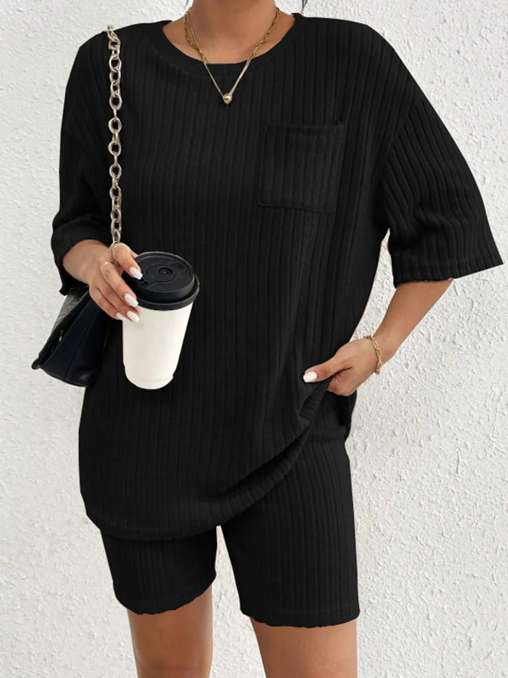 Ribbed Round Neck Top Shorts Set (19)