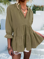 Ruffled Notched Three-quarter Sleeve Blouse (12)