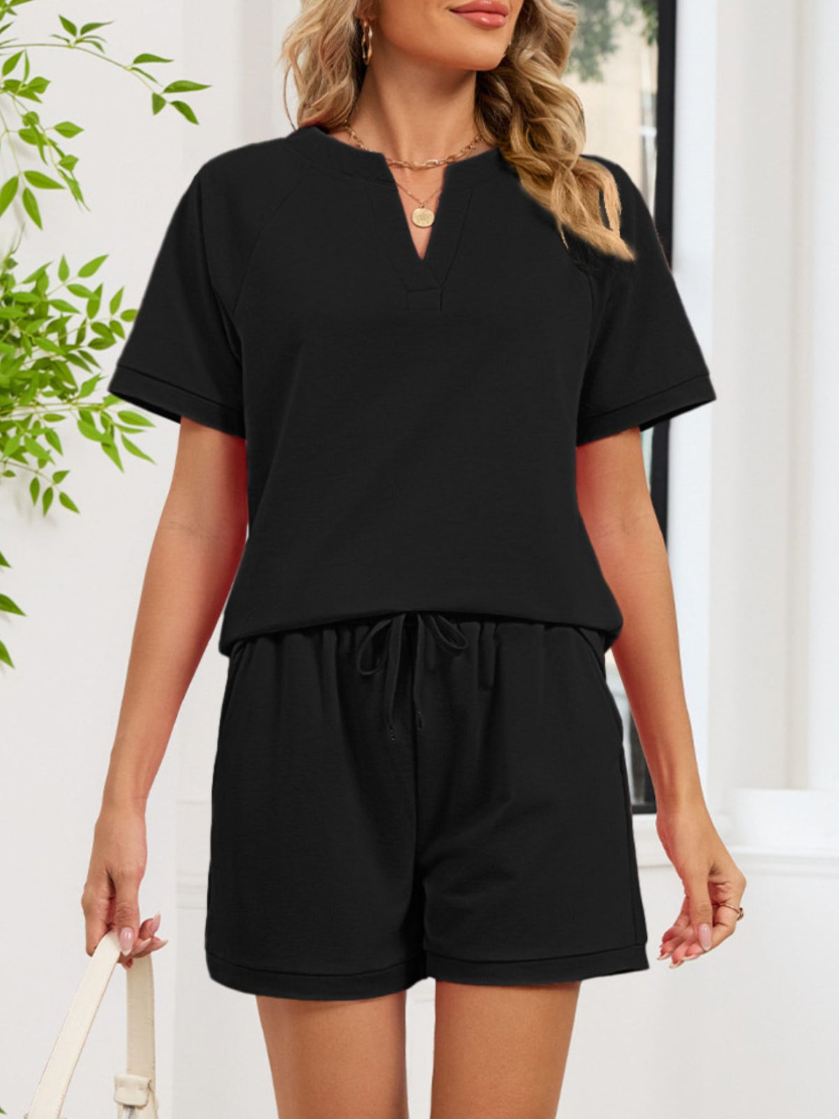 Notched Short Sleeve Top Shorts Set (17)