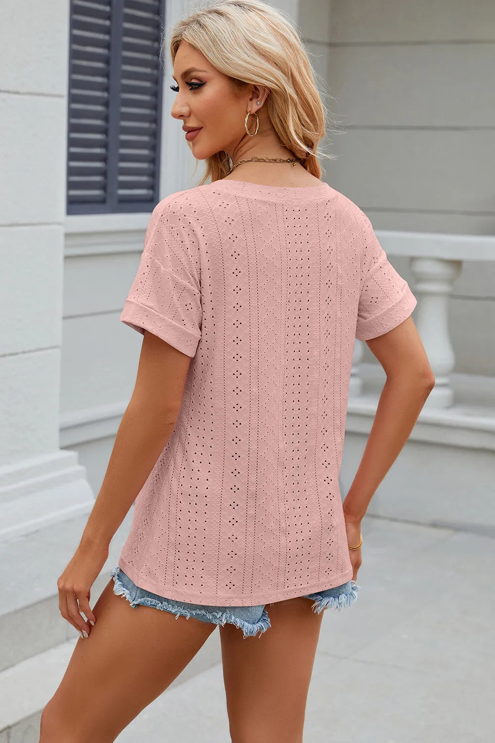 Eyelet V-neck Short Sleeve T-shirt (18)