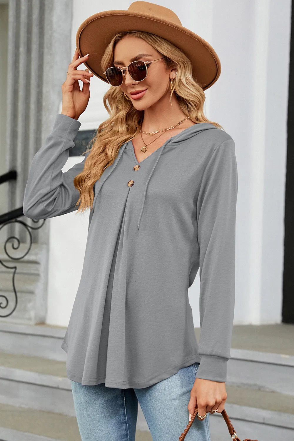 Decorative Button Drawstring Long Sleeve Hoodie (8)