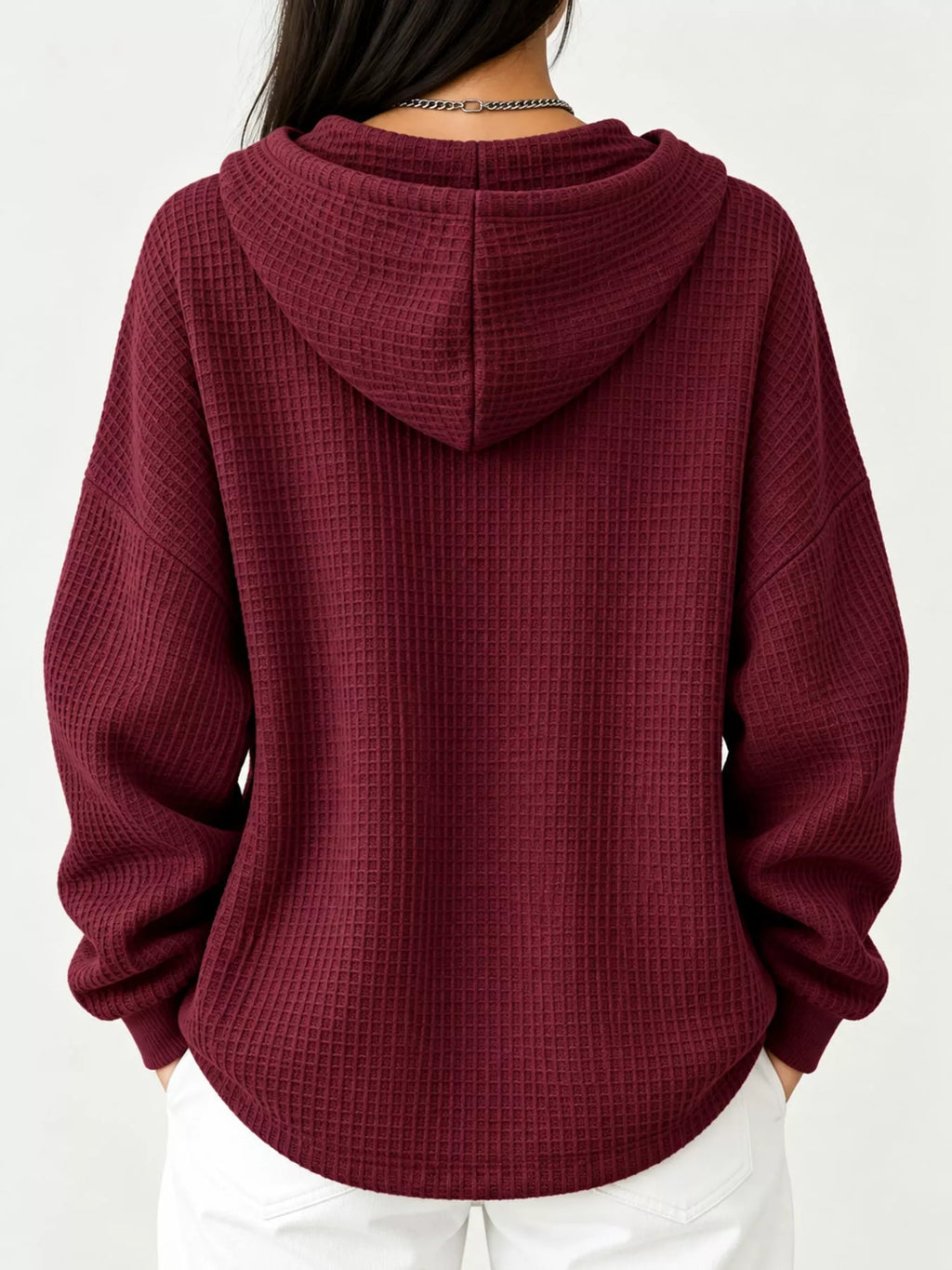 Full Size Waffle Knit Button Detail Hoodie Plus (27)