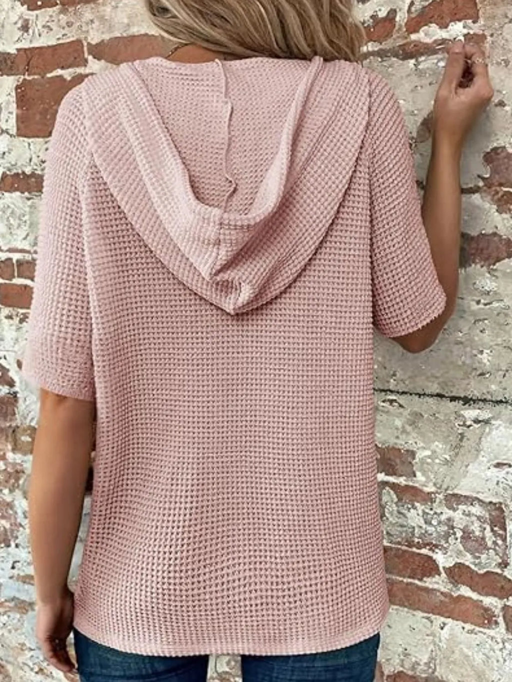 Drawstring Waffle-knit Short Sleeve Hooded Top (11)