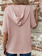 Drawstring Waffle-knit Short Sleeve Hooded Top (11)