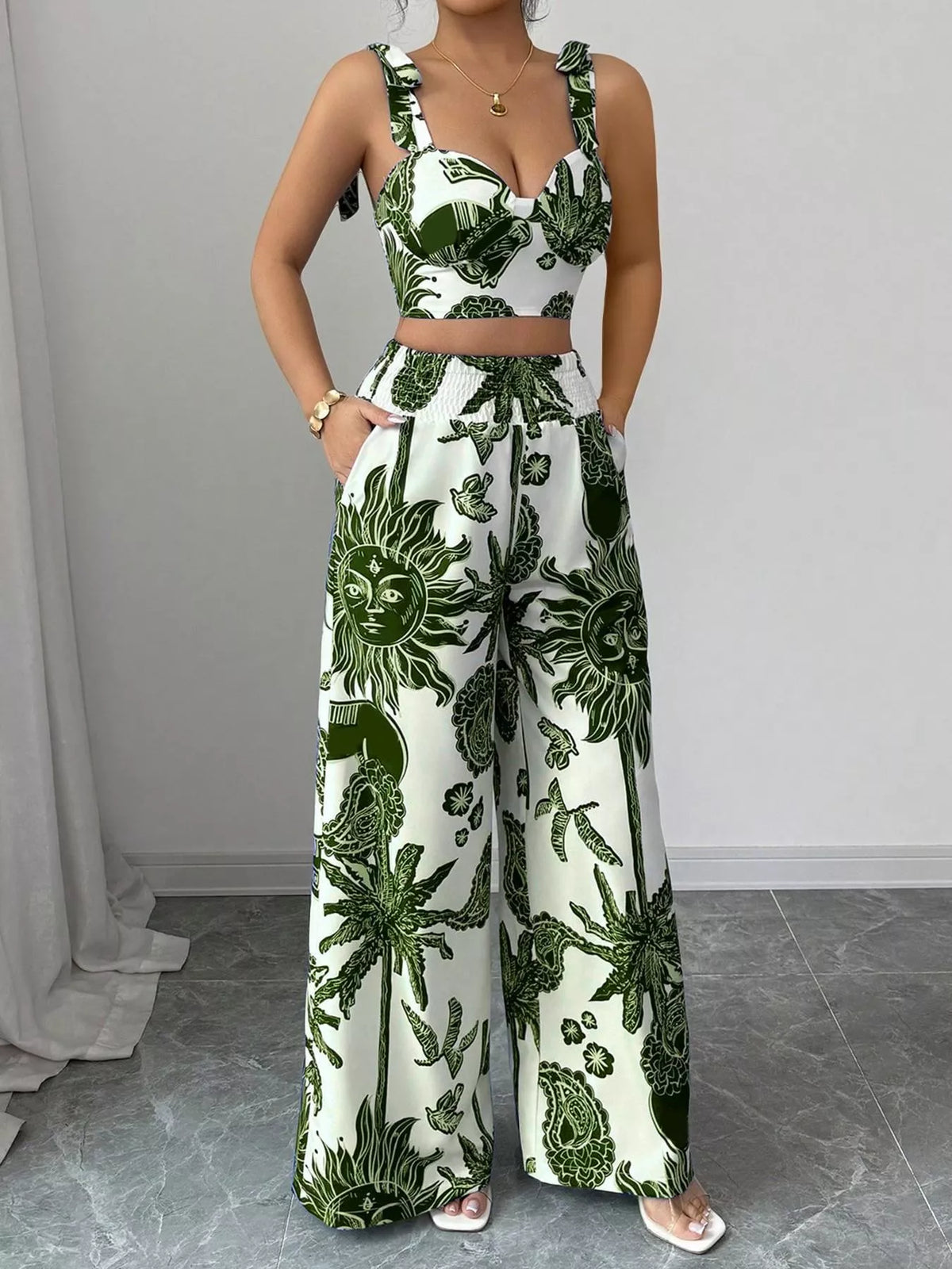Floral Print Crop Top Wide Leg Pants Set (9)