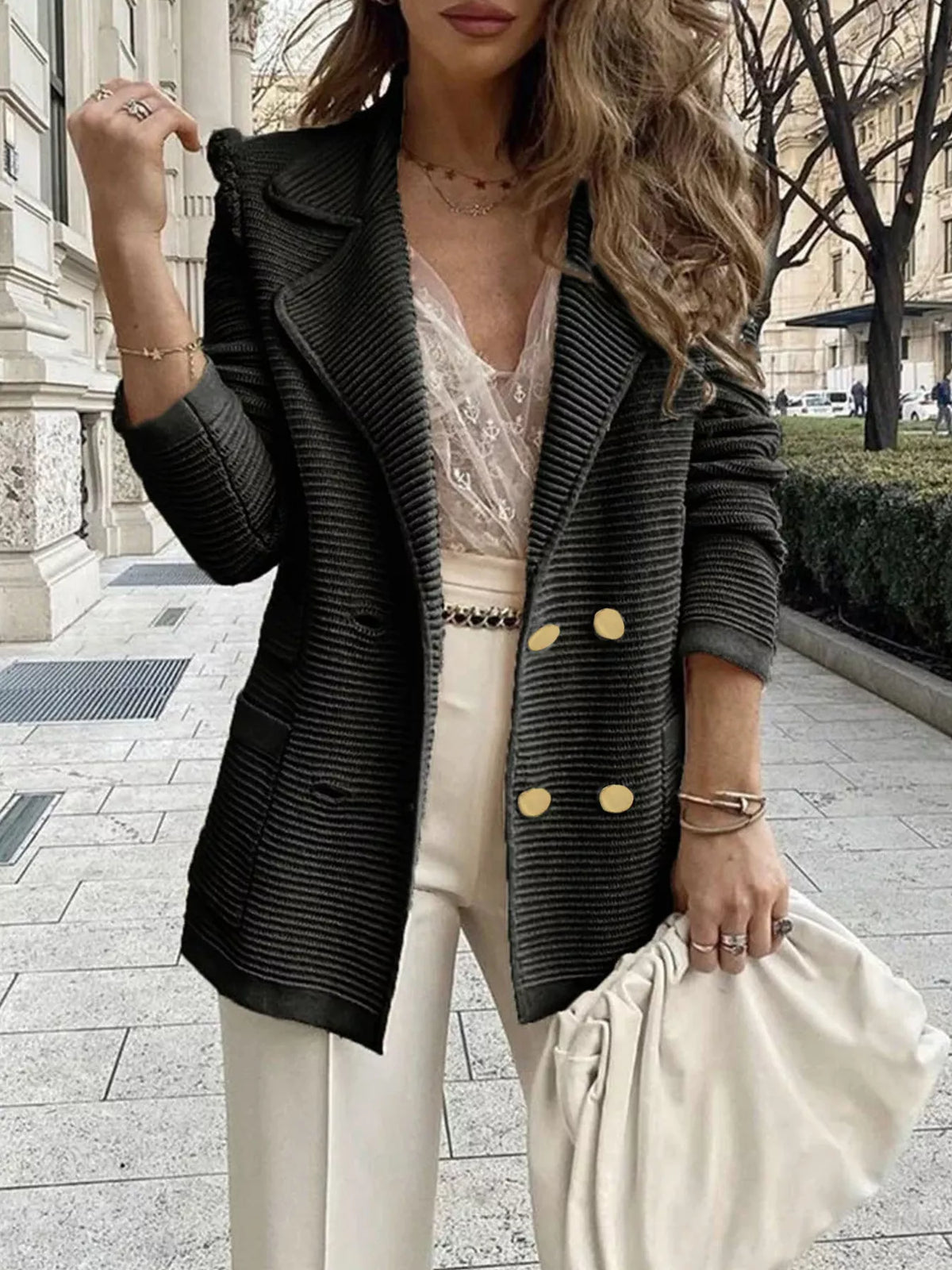 Texture Knit Double-breasted Blazer (13)