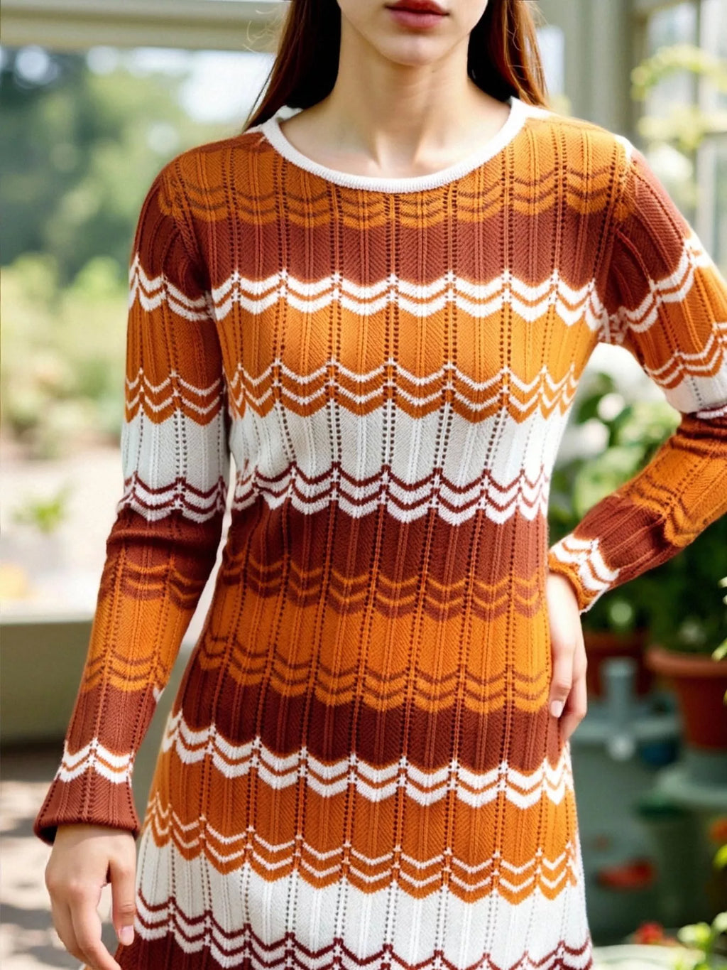 Openwork Wave Pattern Long Sleeve Sweater Dress (11)