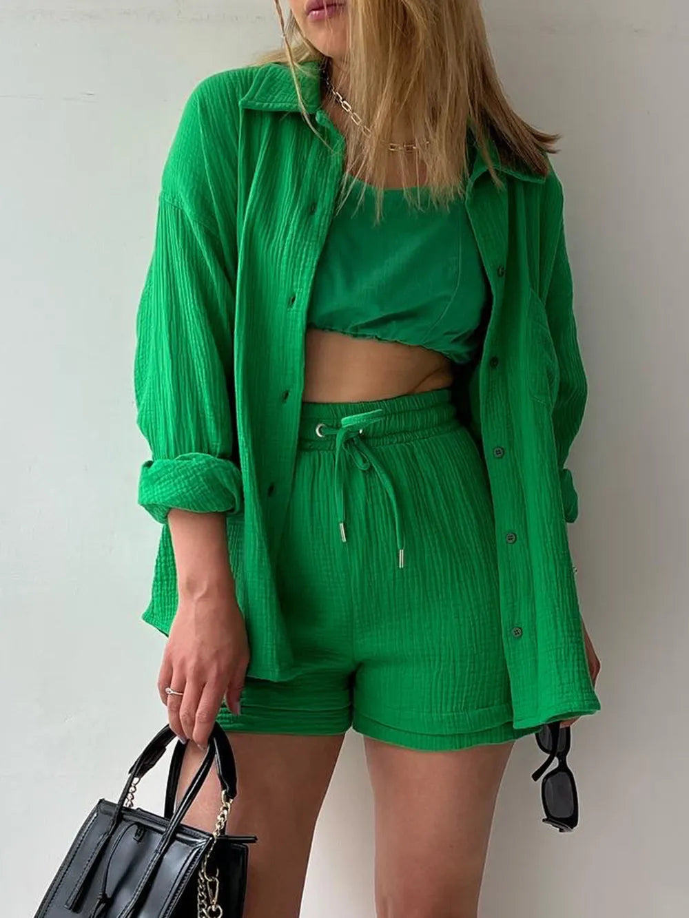 Texture Button Up Shirt Drawstring Shorts Set (2)