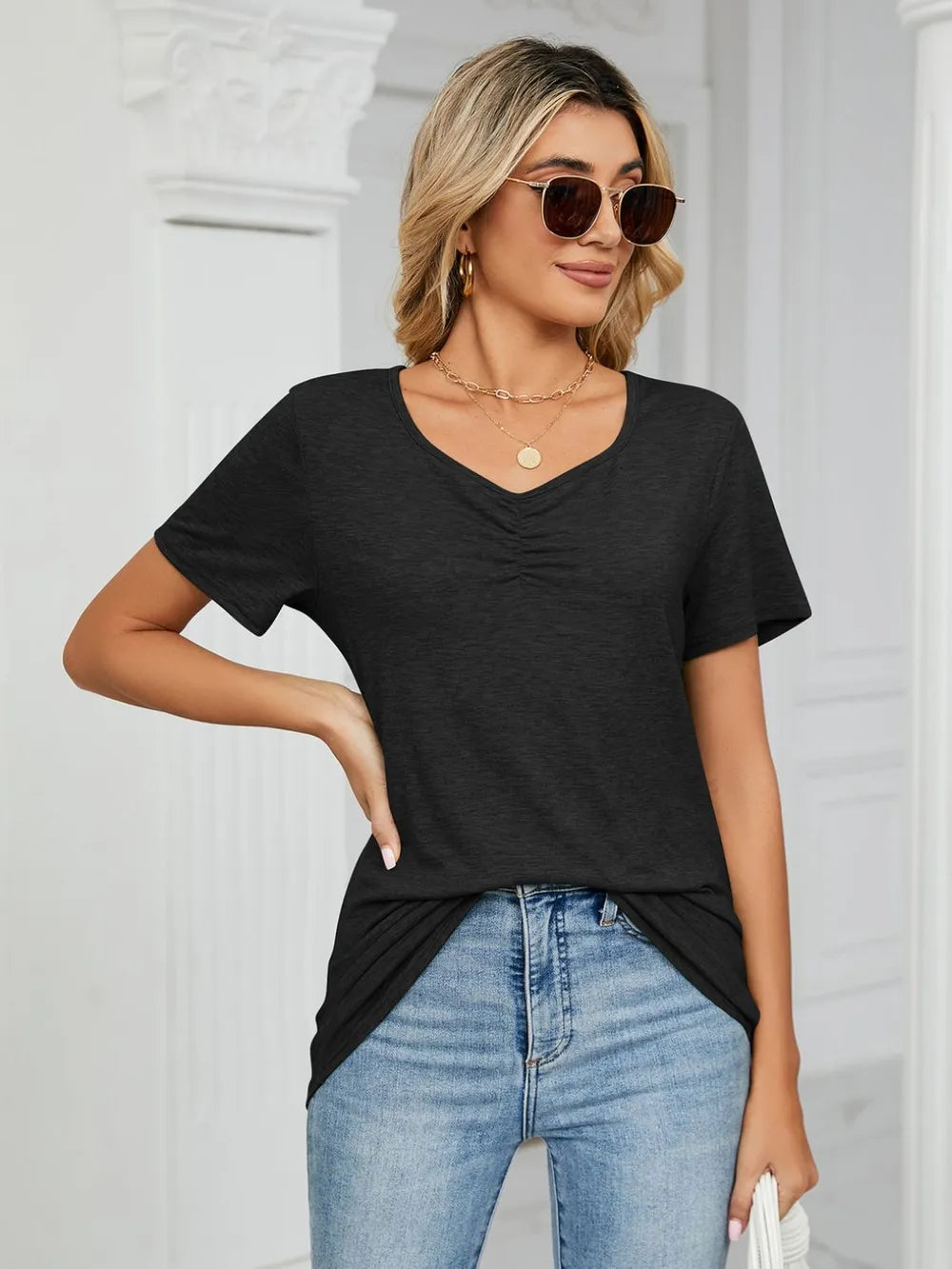 Ruched V-neck Short Sleeve T-shirt (14)