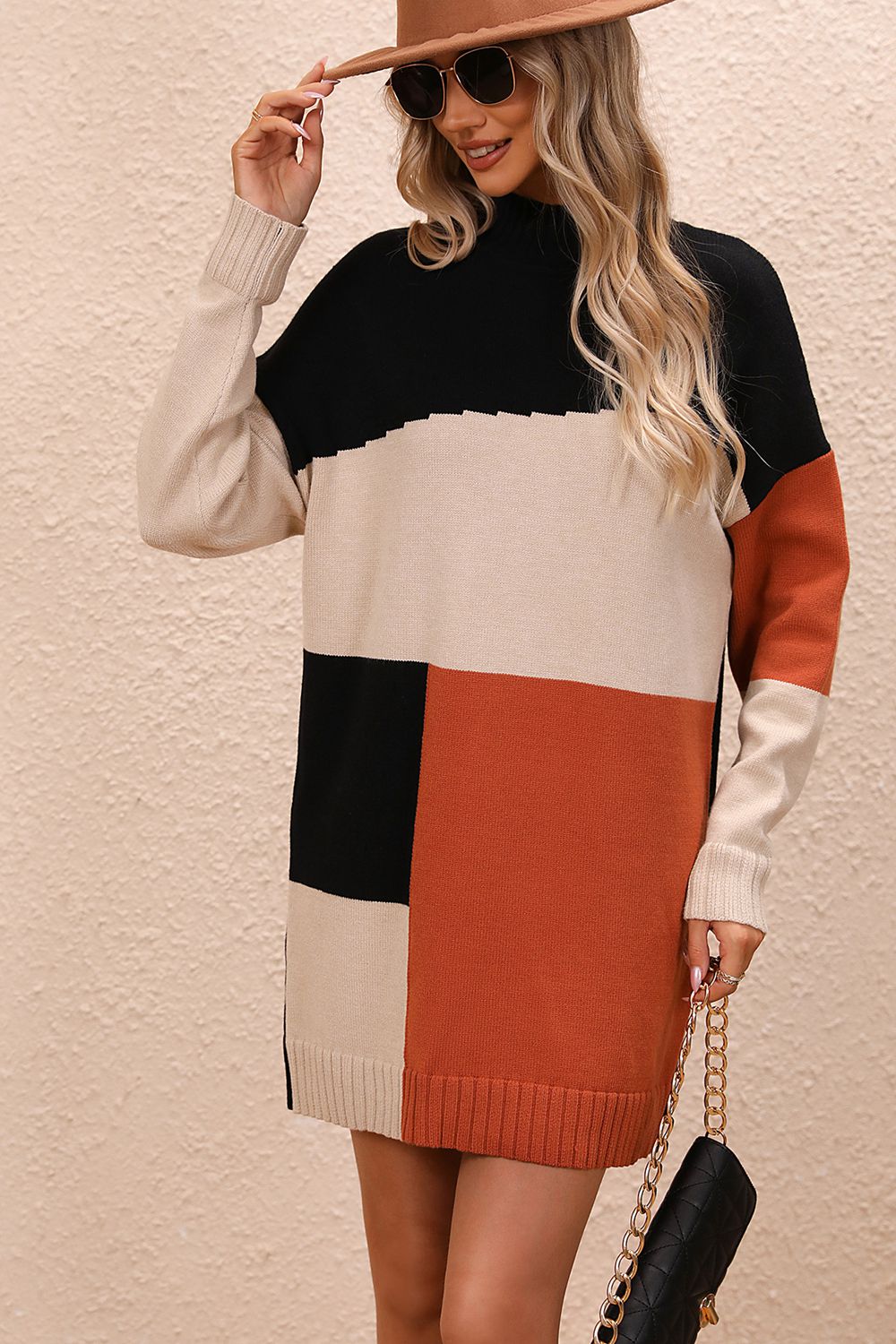 Block Mock Neck Dropped Shoulder Sweater Dress (4)