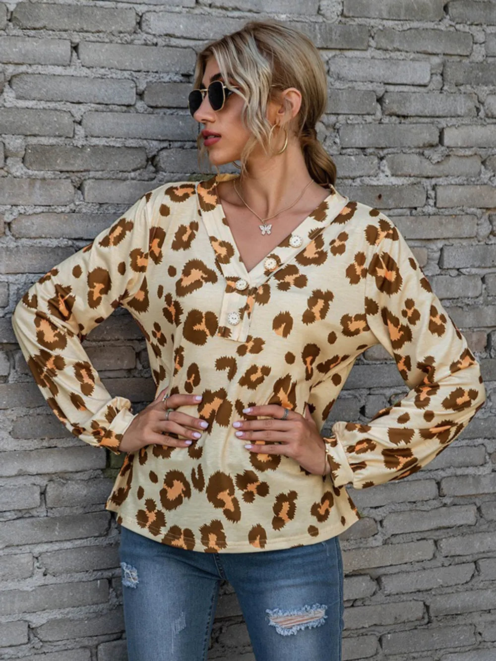 Leopard V-neck Decorative Button Long Sleeve Blouse (4)