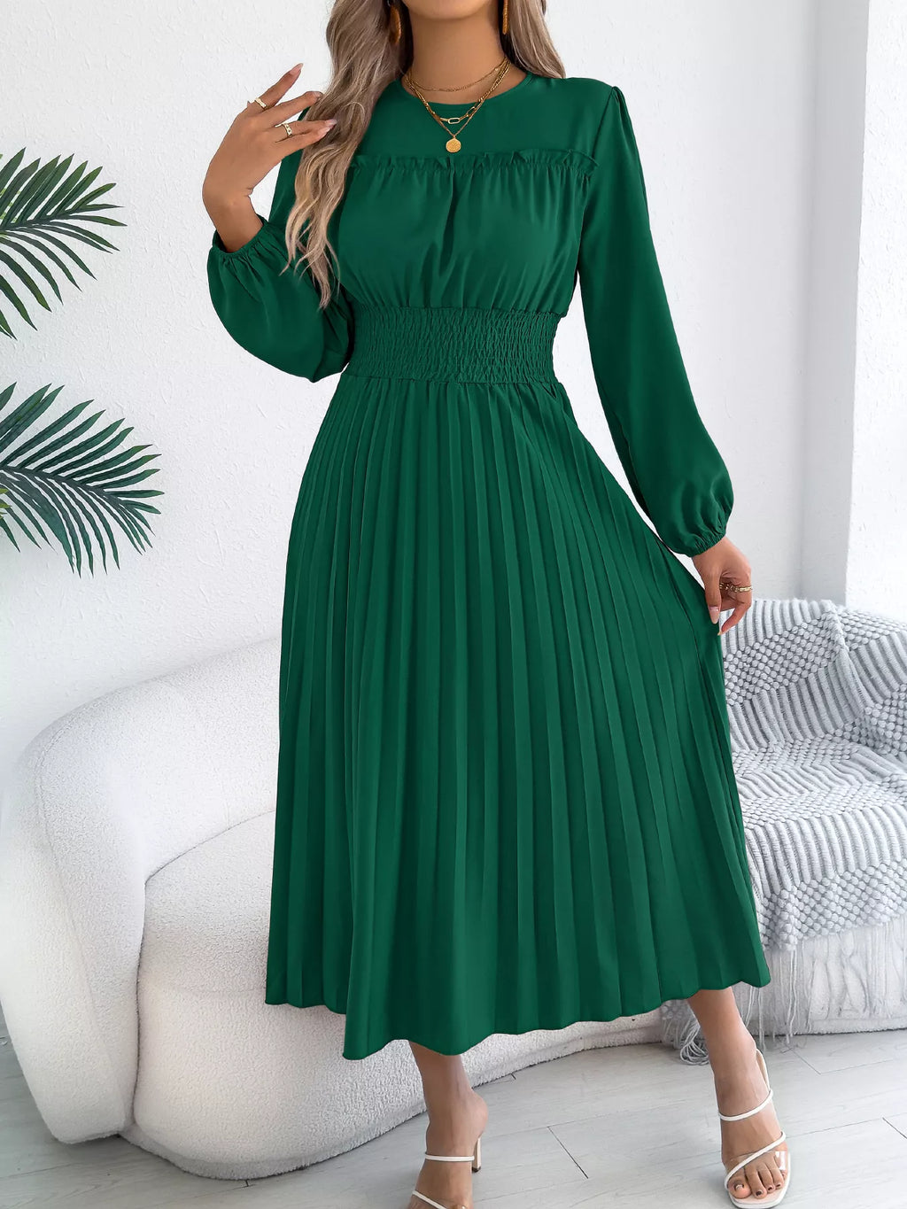 Smocked Pleated Long Sleeve Midi Dress (10)
