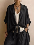 Full Size Tie-front Cardigan Wide-leg Pants Set Plus (6)