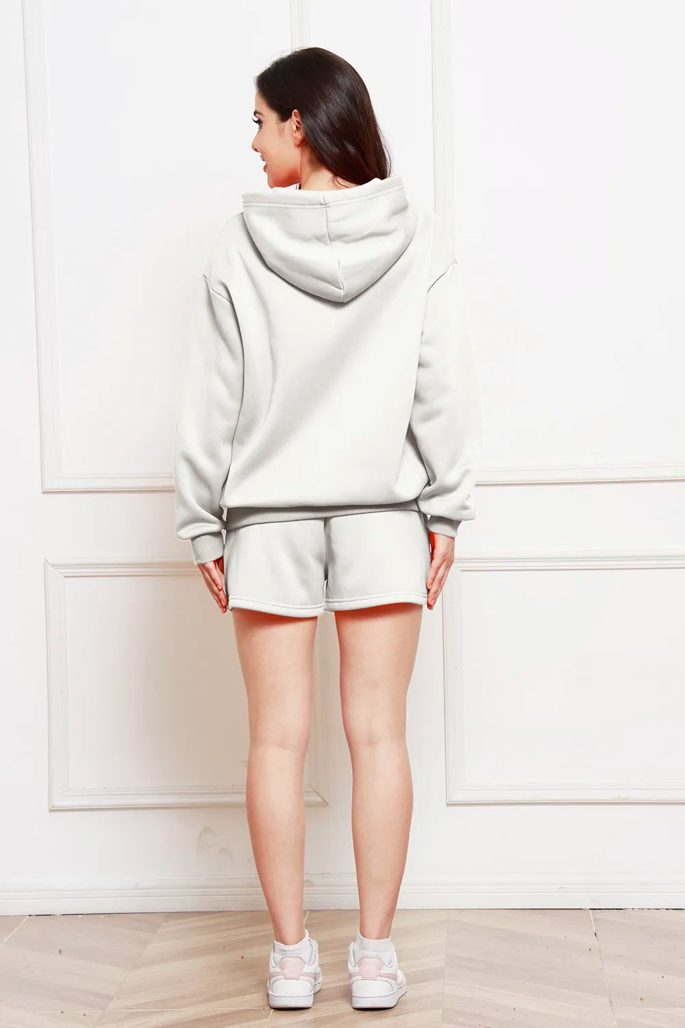 Drop Shoulder Long Sleeve Hoodie Shorts Set (12)