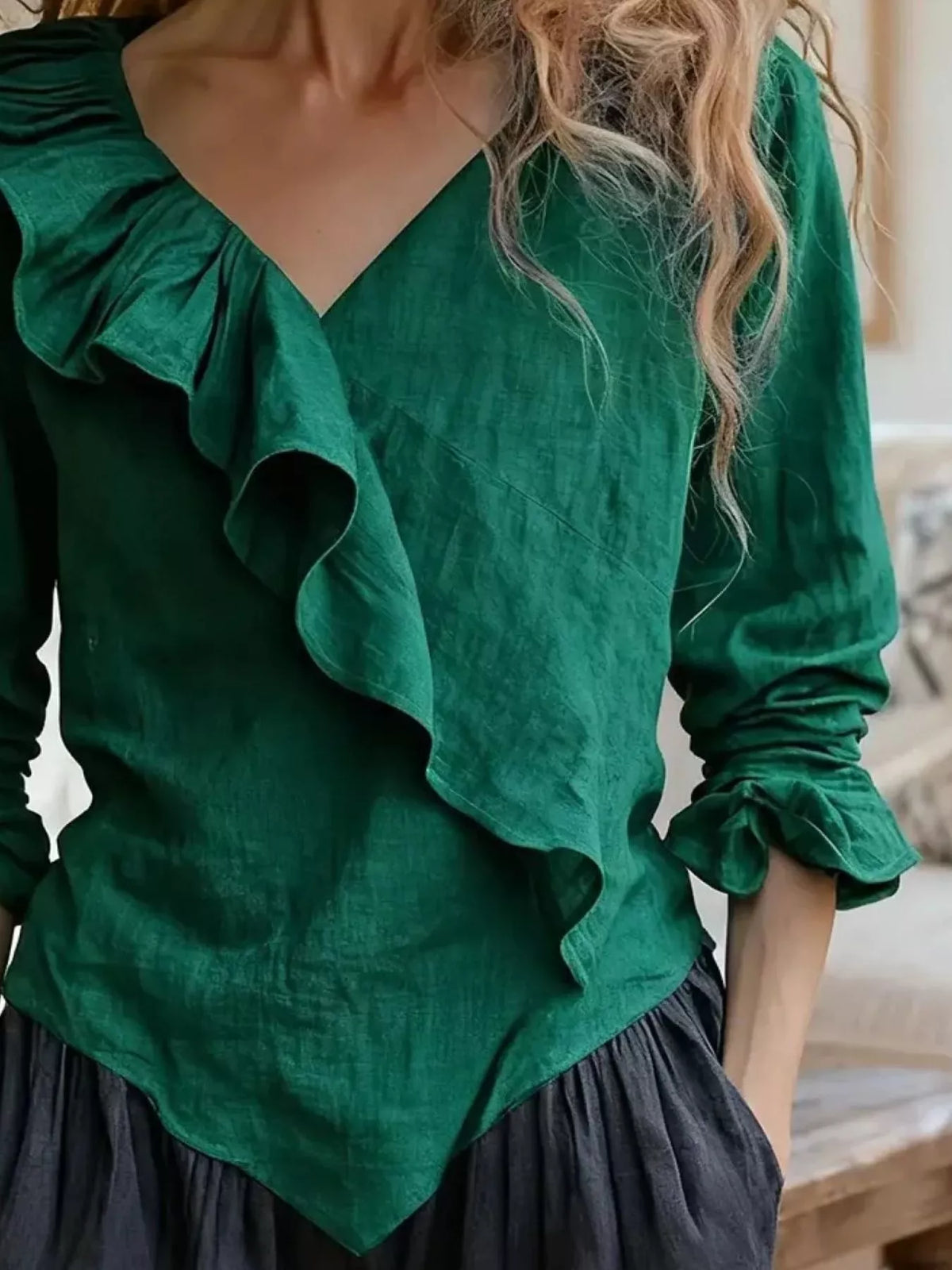 V-neck Ruffled Long Sleeve Blouse (3)