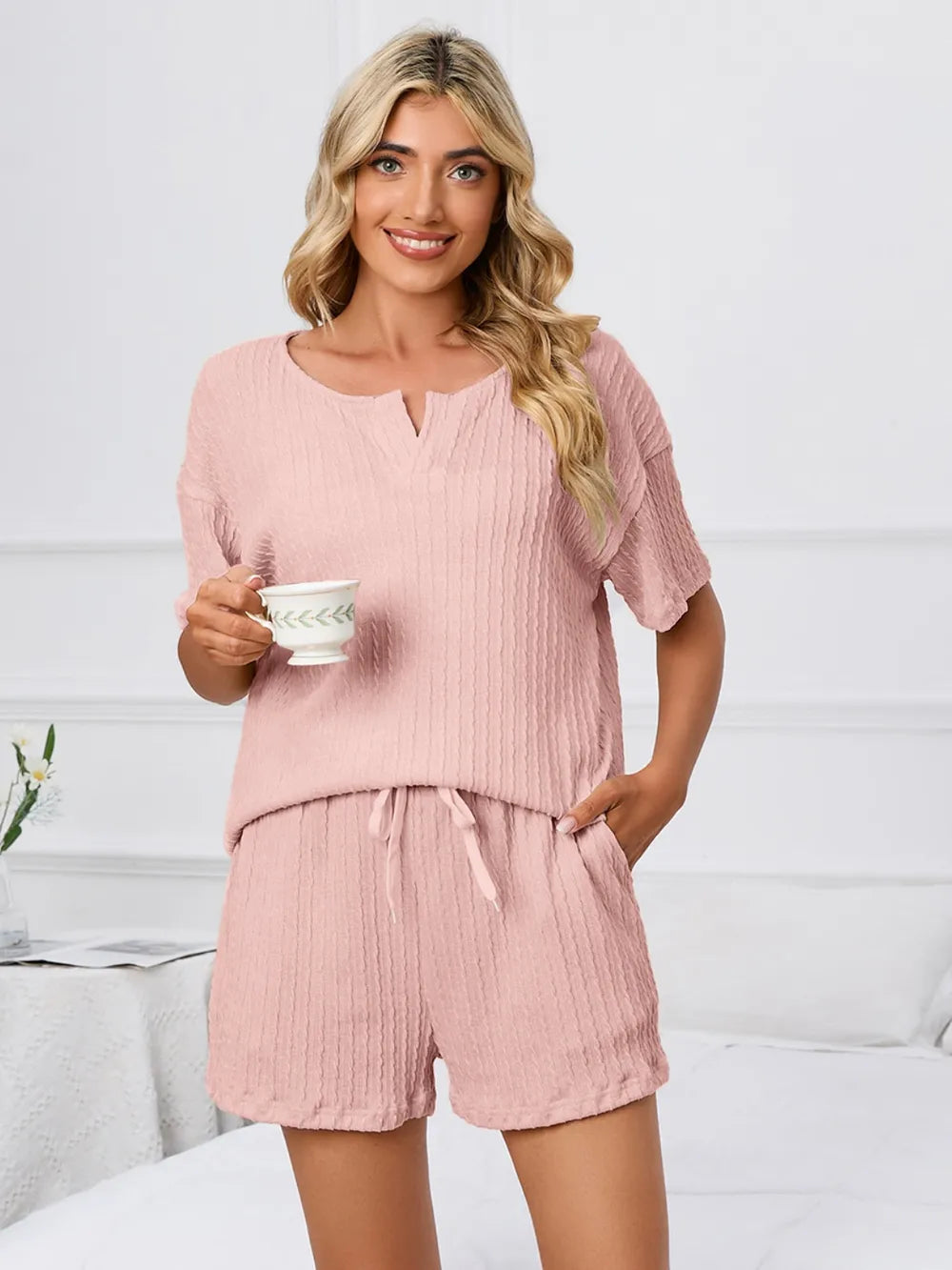 Notched Short Sleeve Shorts Lounge Set (5)