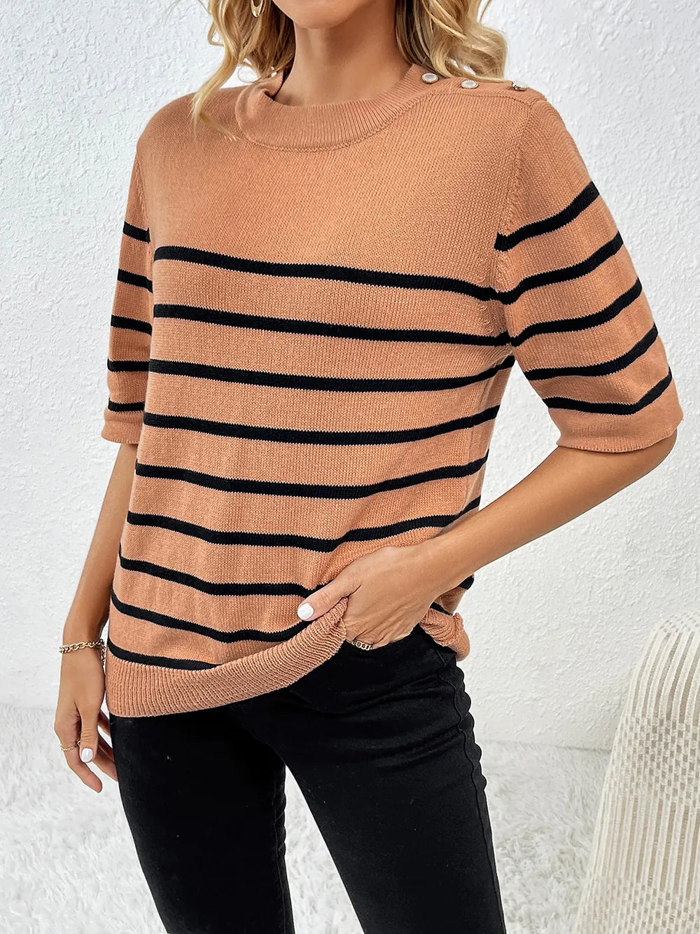 Striped Round Neck Half Sleeve Knit Top (10)