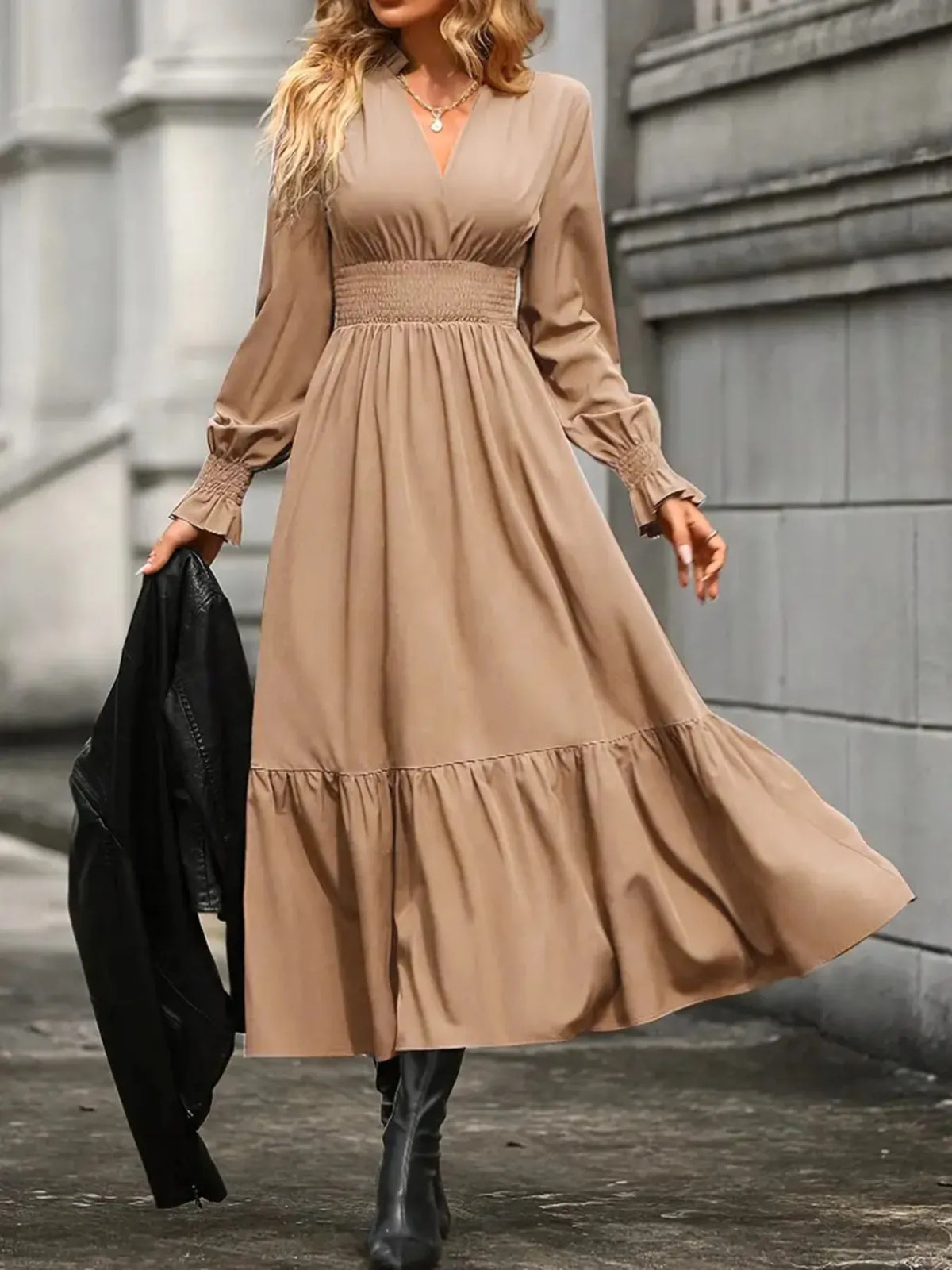 Notched Long Sleeve Tiered Dress (19)