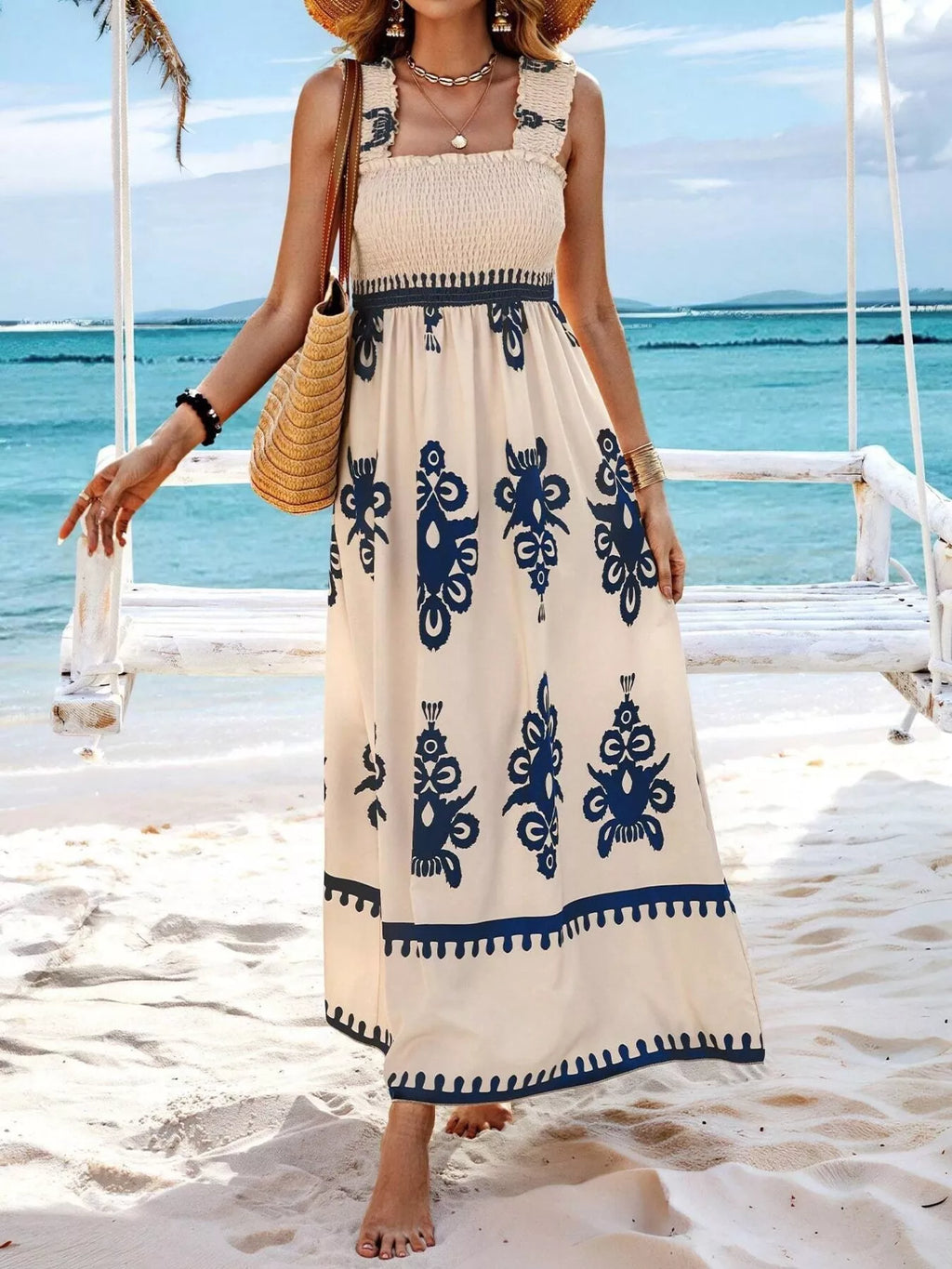 Smocked Printed Square Neck Maxi Dress (4)