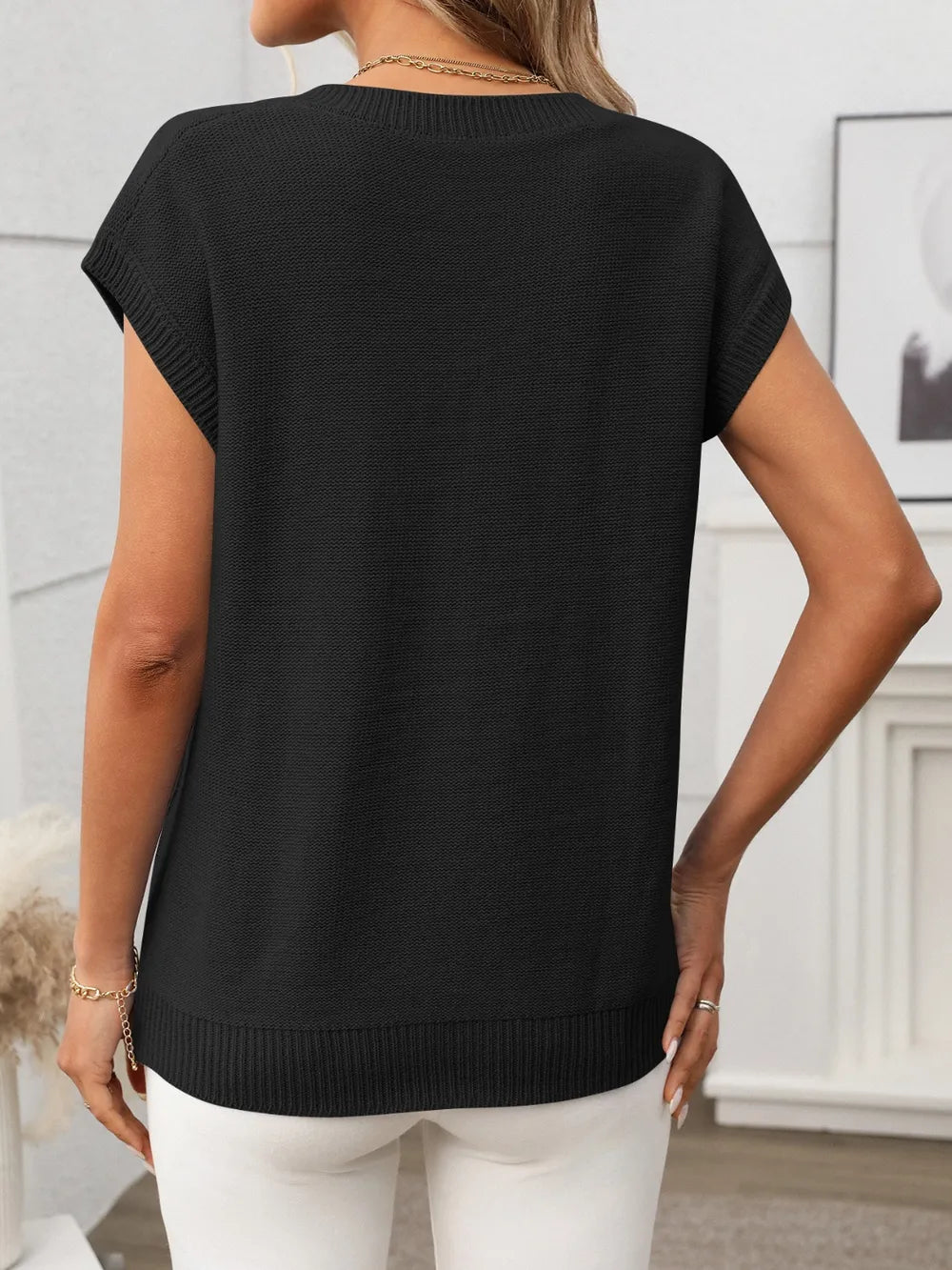Cable-knit V-neck Short Sleeve Knit Top (12)