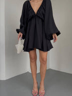 Deep V-neck Balloon Sleeve Dress (10)