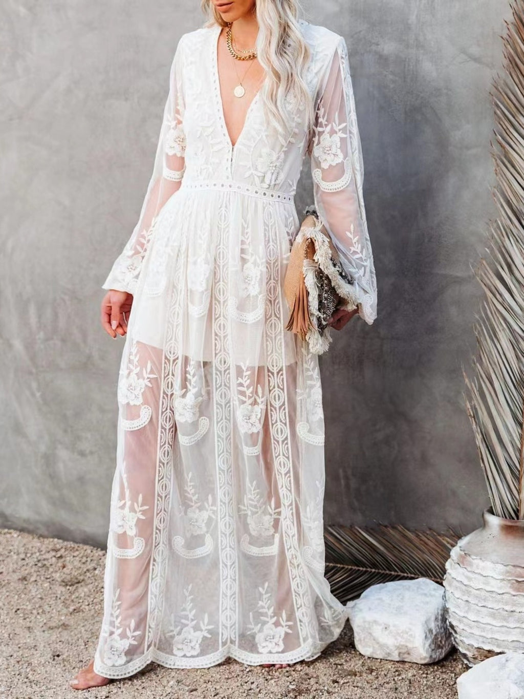 Floral Lace Slit Maxi Dress