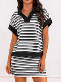 Casual Striped Polo Collar Top Skirt Two-piece Set