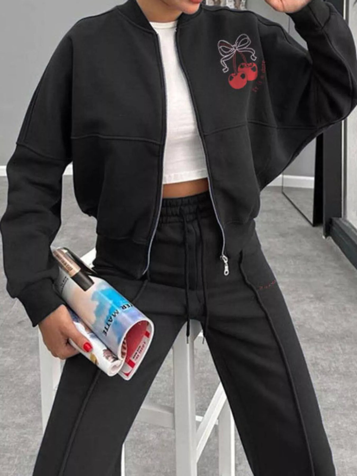 Zip Up Dropped Shoulder Outerwear Pants Set (6)