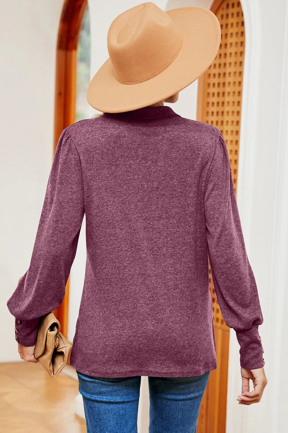 Decorative Button Johnny Collar Lantern Sleeve Blouse (15)