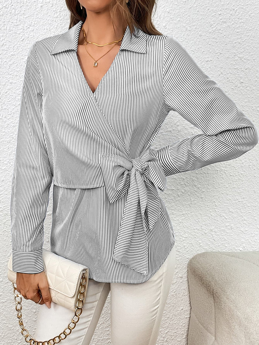 Bow Tie Waist Johnny Collar Neck Striped Blouse (12)