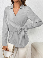 Bow Tie Waist Johnny Collar Neck Striped Blouse (12)
