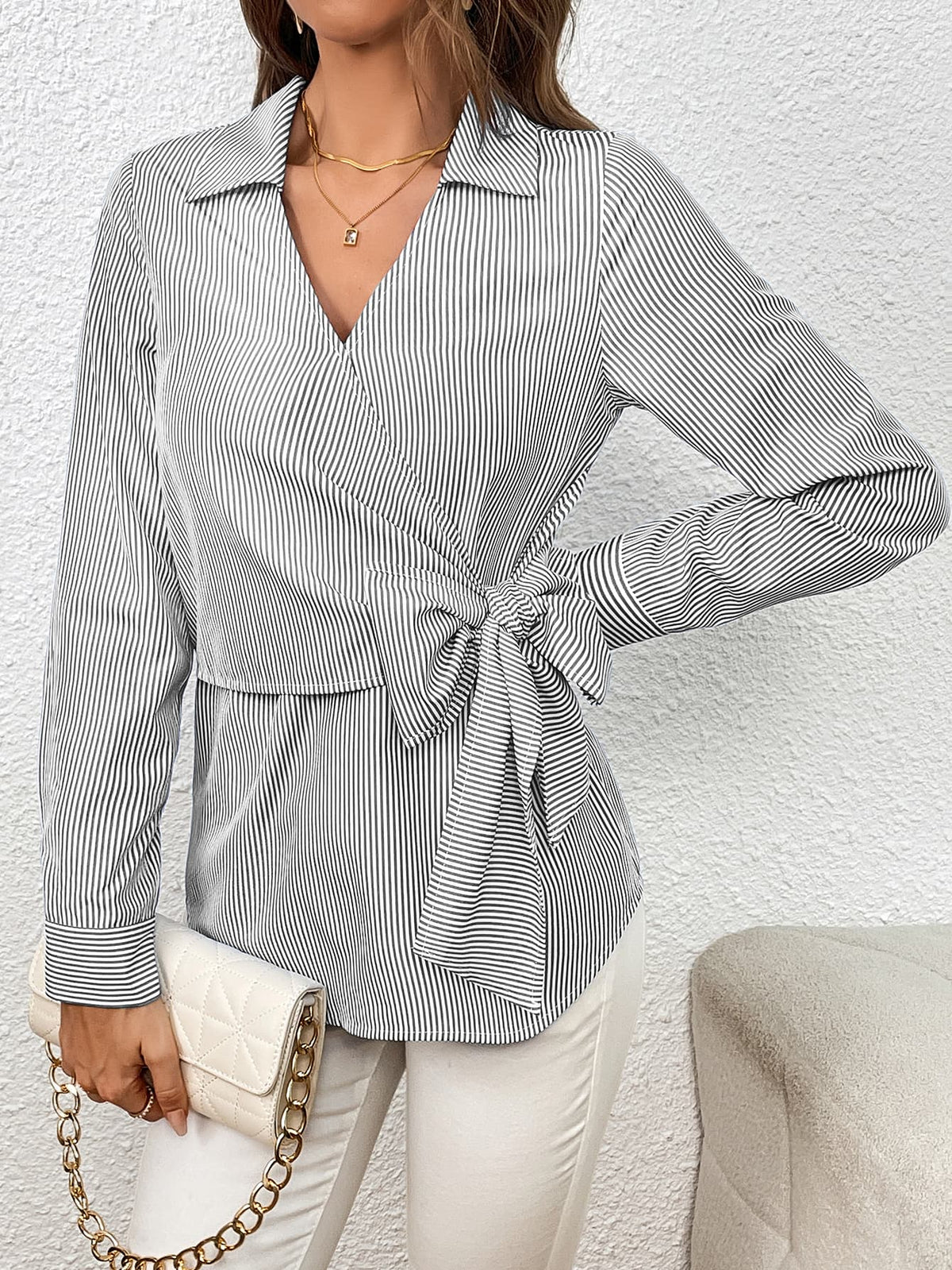 Bow Tie Waist Johnny Collar Neck Striped Blouse (12)
