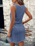 Eyelet Drawstring Round Neck Sleeveless Dress (17)