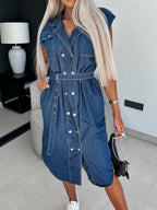 Collared Neck Cap Sleeve Denim Dress (3)