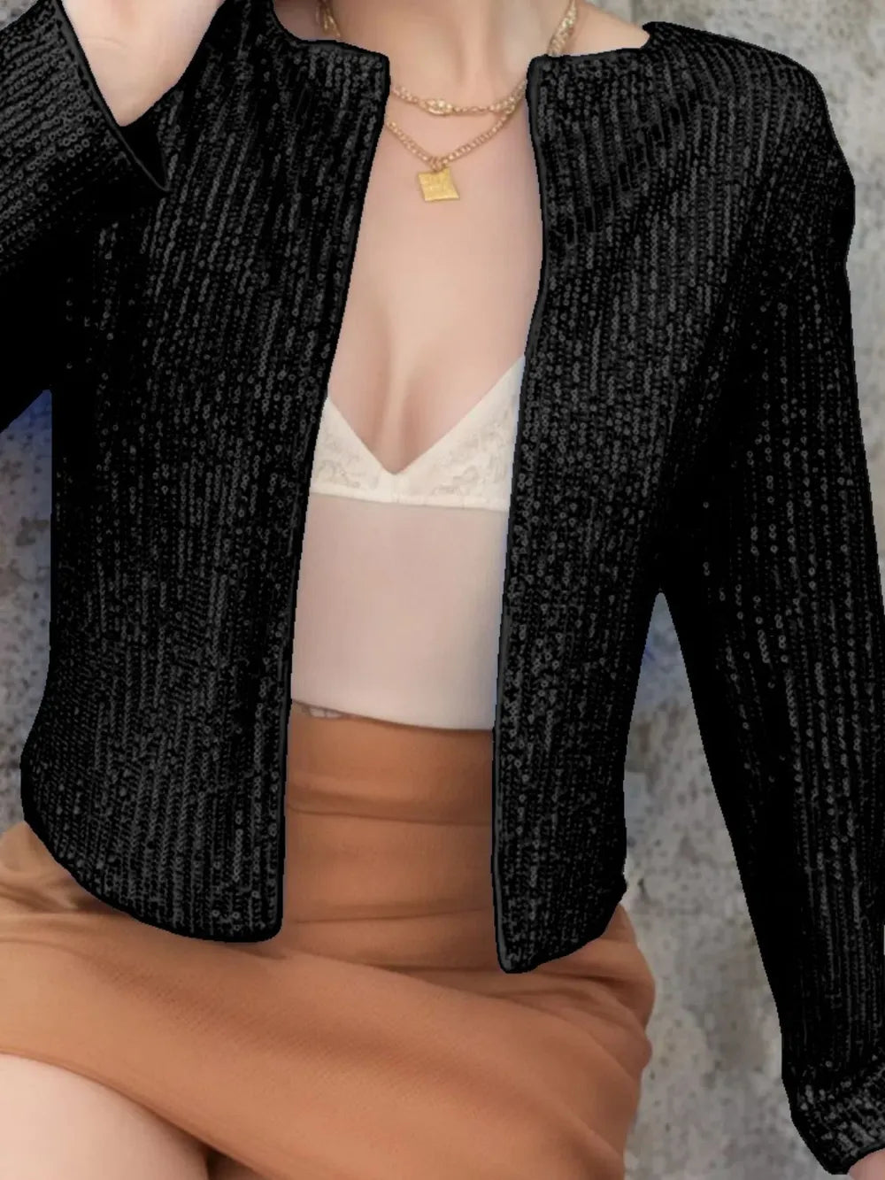 Full Size Sequin Open Front Cropped Jacket (7)