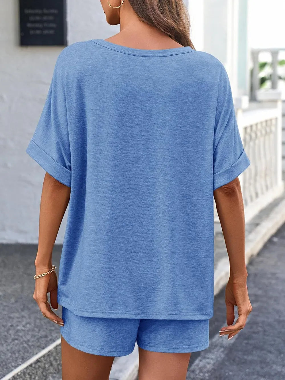 Round Neck T-shirt Drawstring Shorts Set (15)