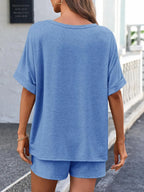 Round Neck T-shirt Drawstring Shorts Set (15)