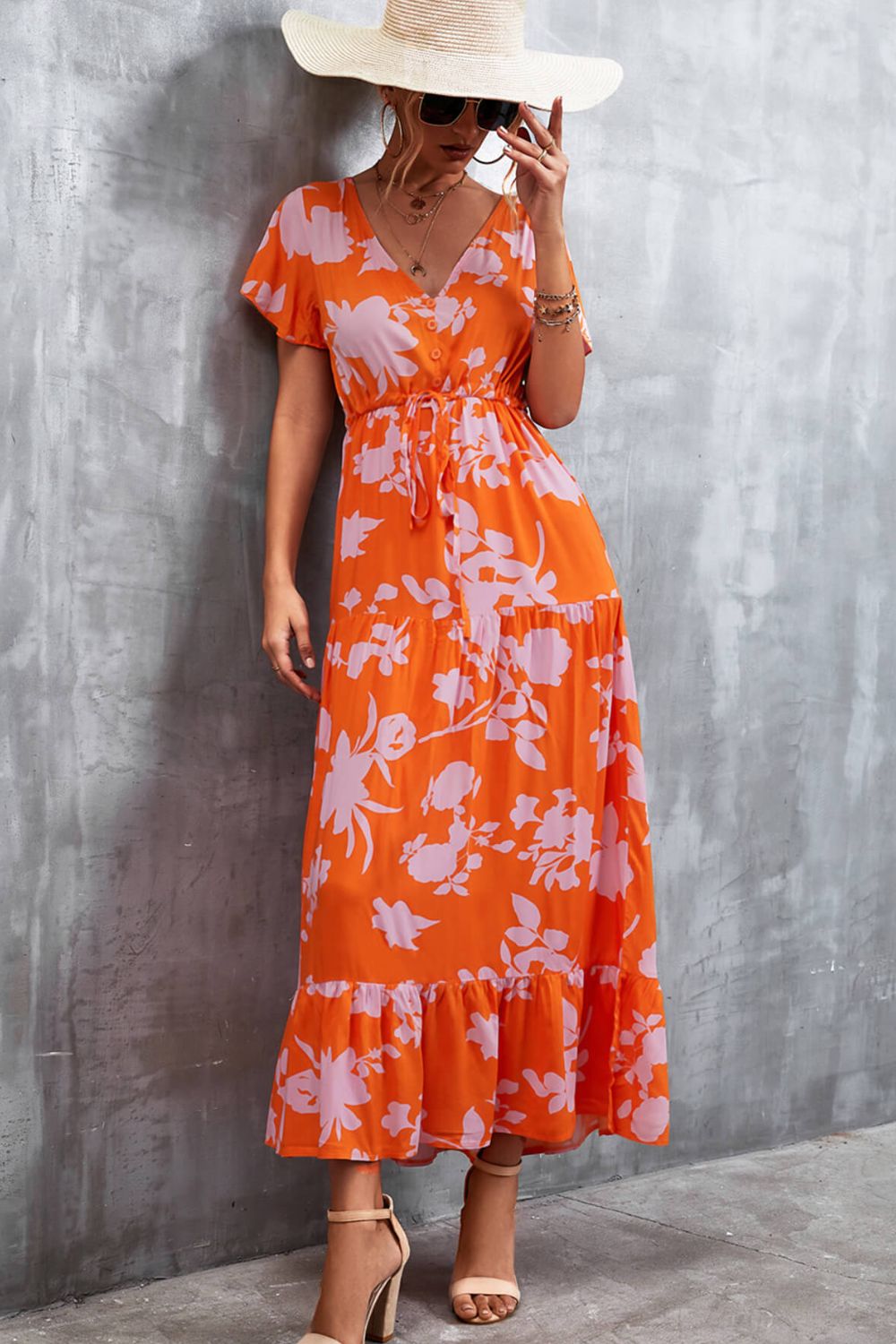 Floral Buttoned Drawstring Waist Tiered Dress (4)