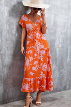 Floral Buttoned Drawstring Waist Tiered Dress (4)