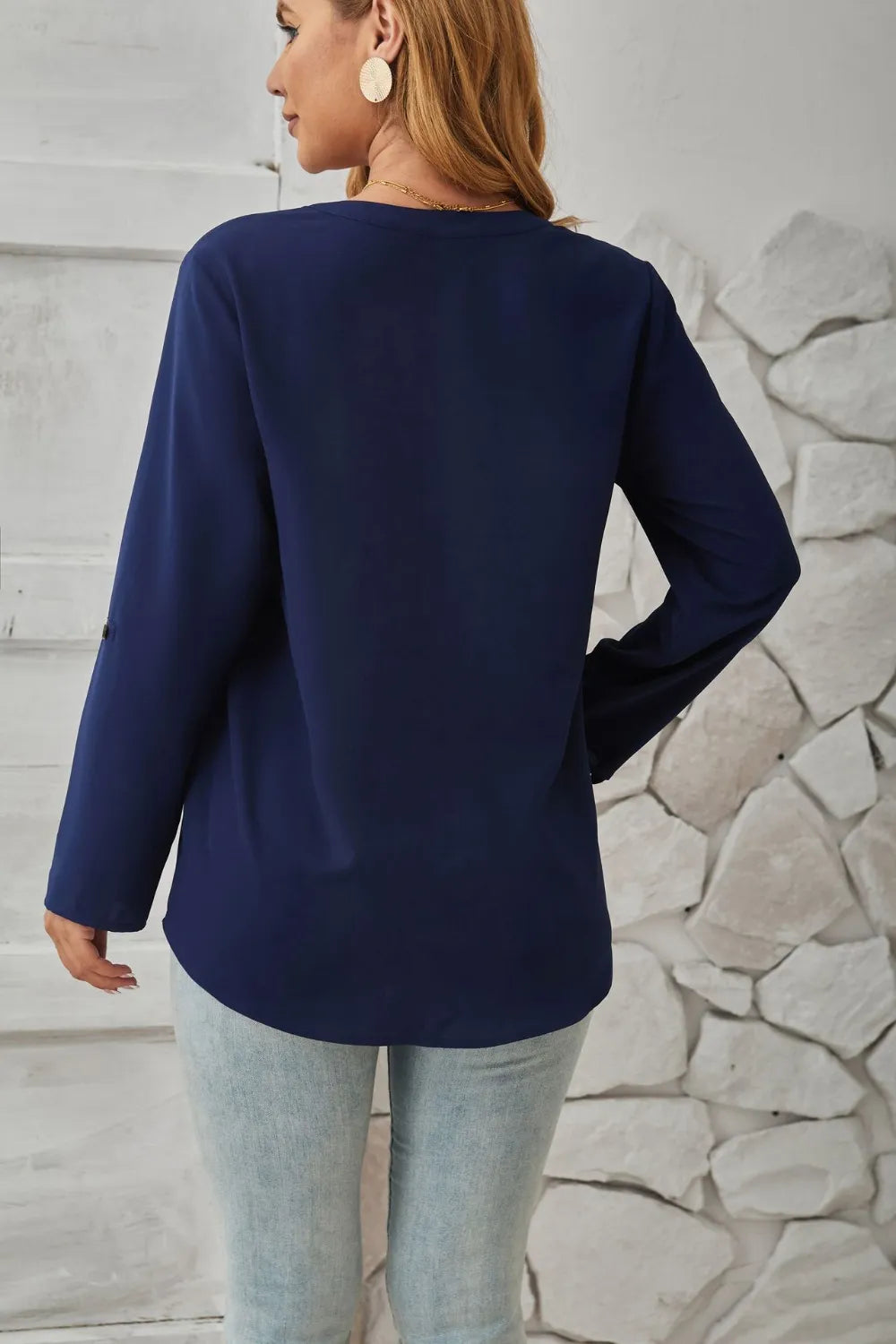 Decorative Button Notched Long Sleeve Blouse (6)