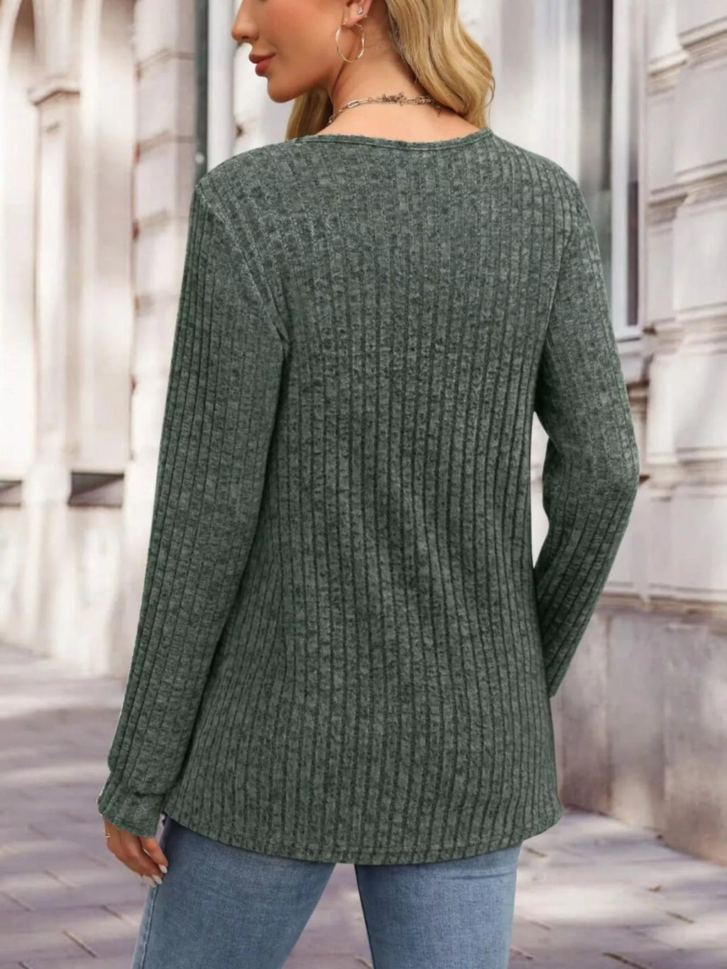 Ribbed Knit Button-front Long Sleeve T-shirt (18)