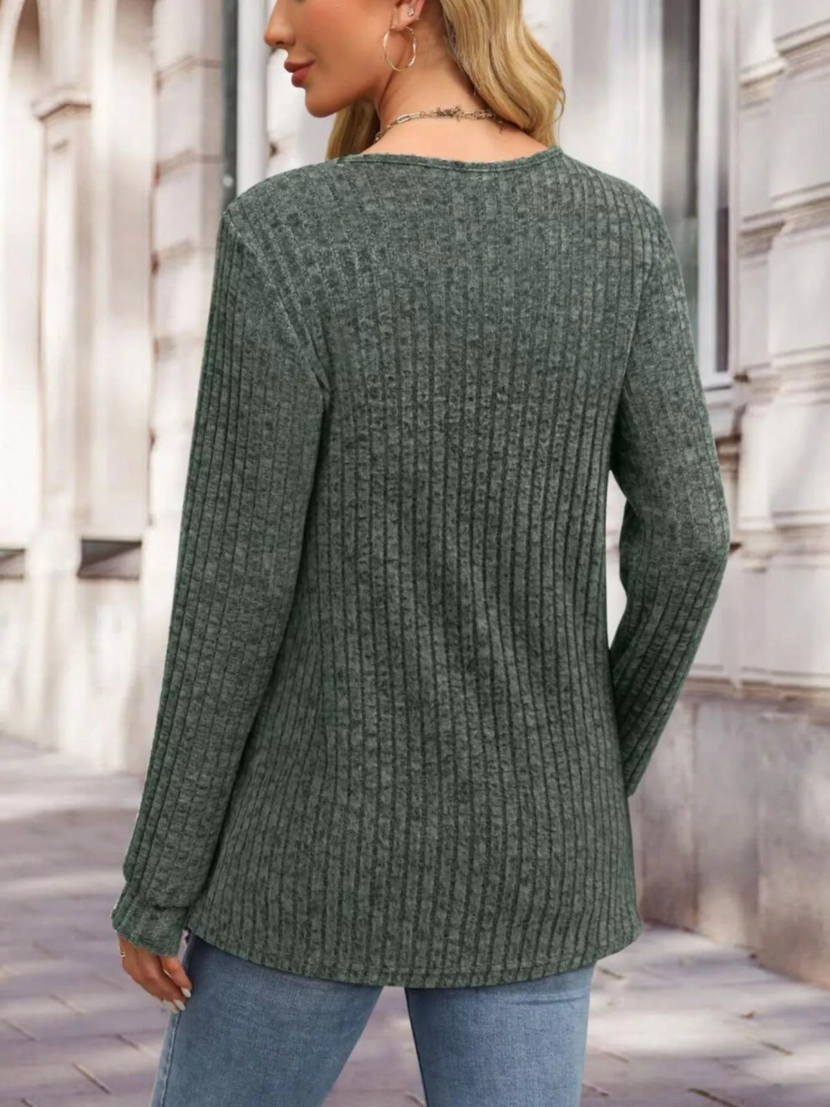 Ribbed Knit Button-front Long Sleeve T-shirt (18)