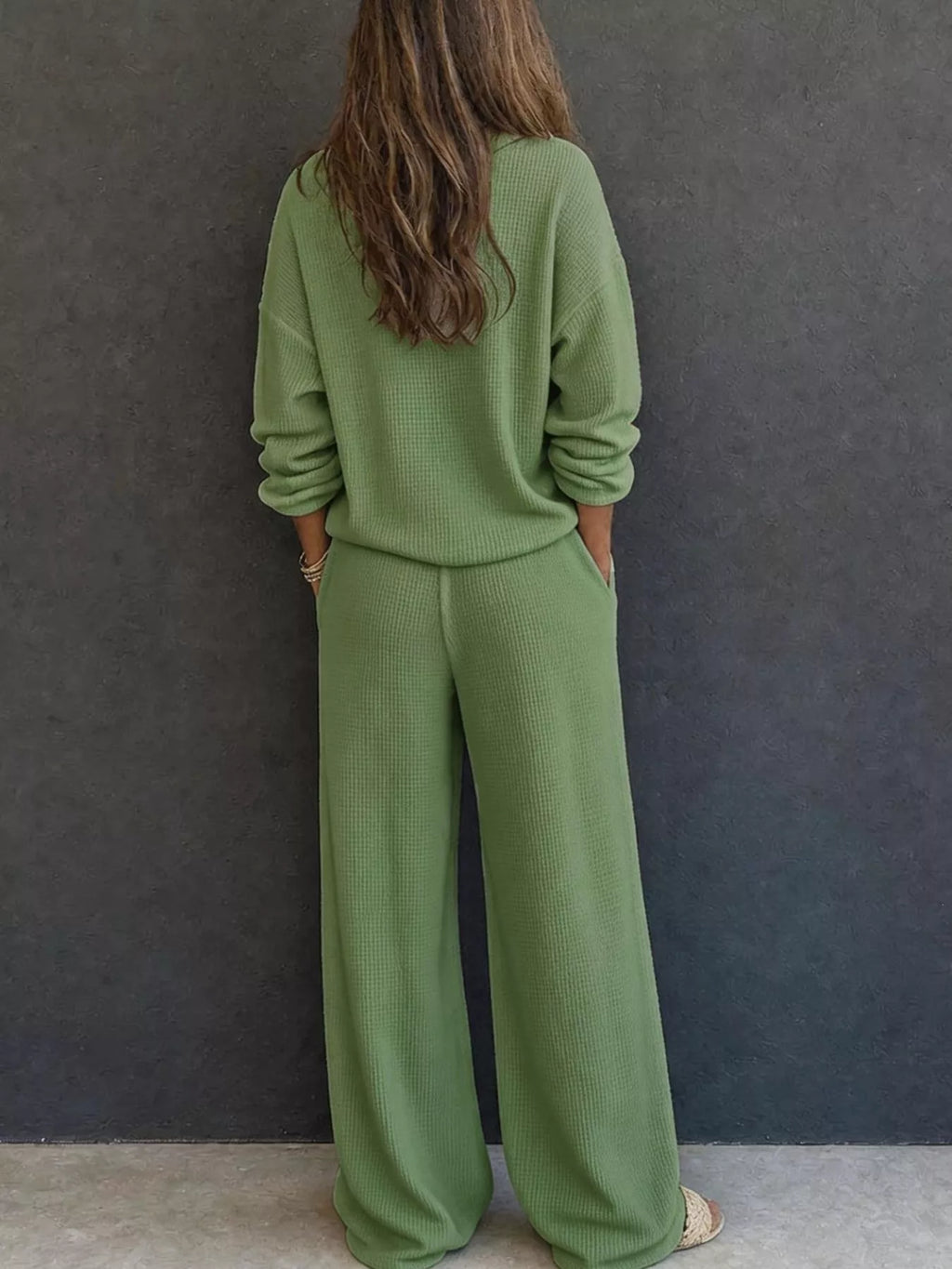 Waffle Knit Henley Top Wide Leg Pants Set (15)