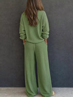 Waffle Knit Henley Top Wide Leg Pants Set (15)